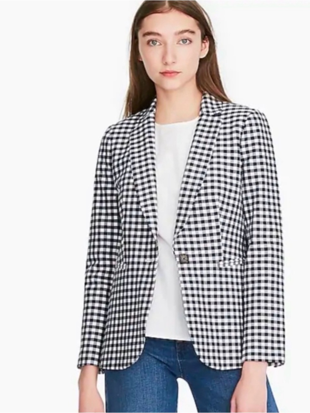 J. Crew Gingham Notch-Lapel Blazer Jacket - Navy Blue & White